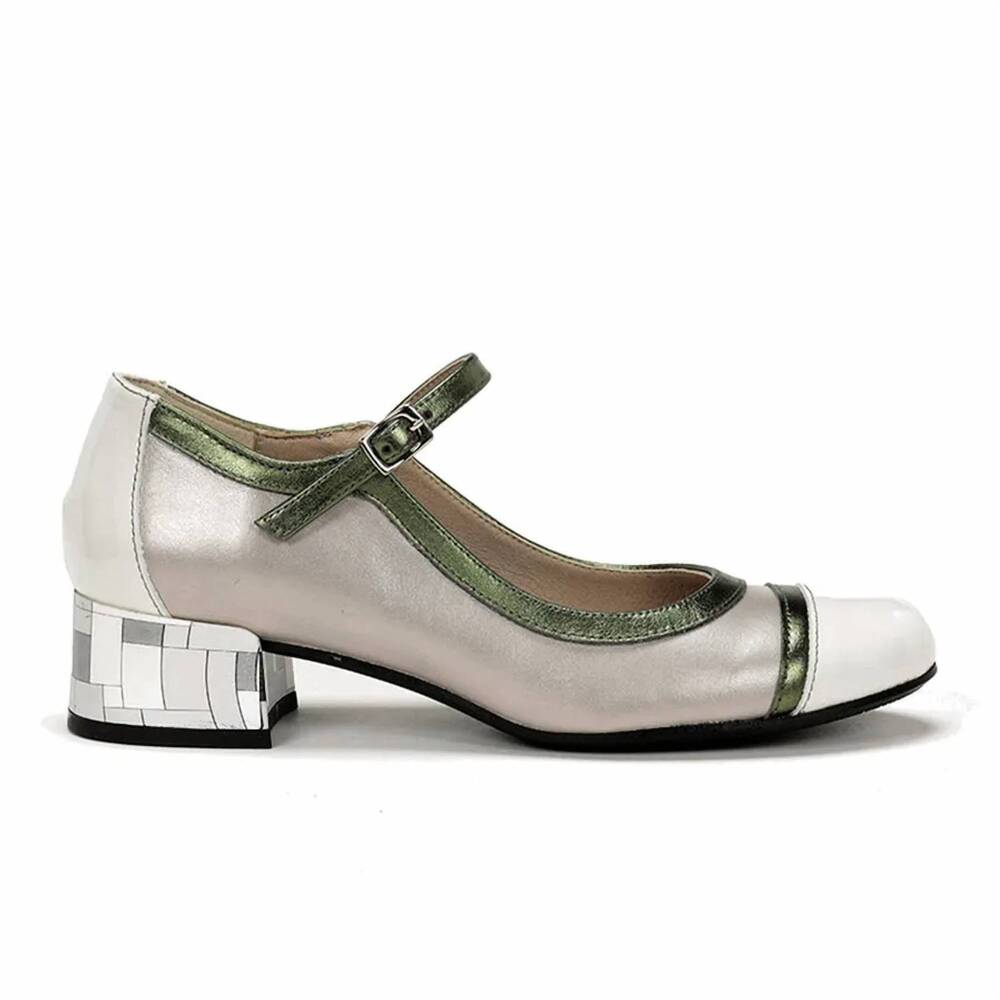 NEW FLUCHOS women's frida heeled mary jane shoes in lamin argento